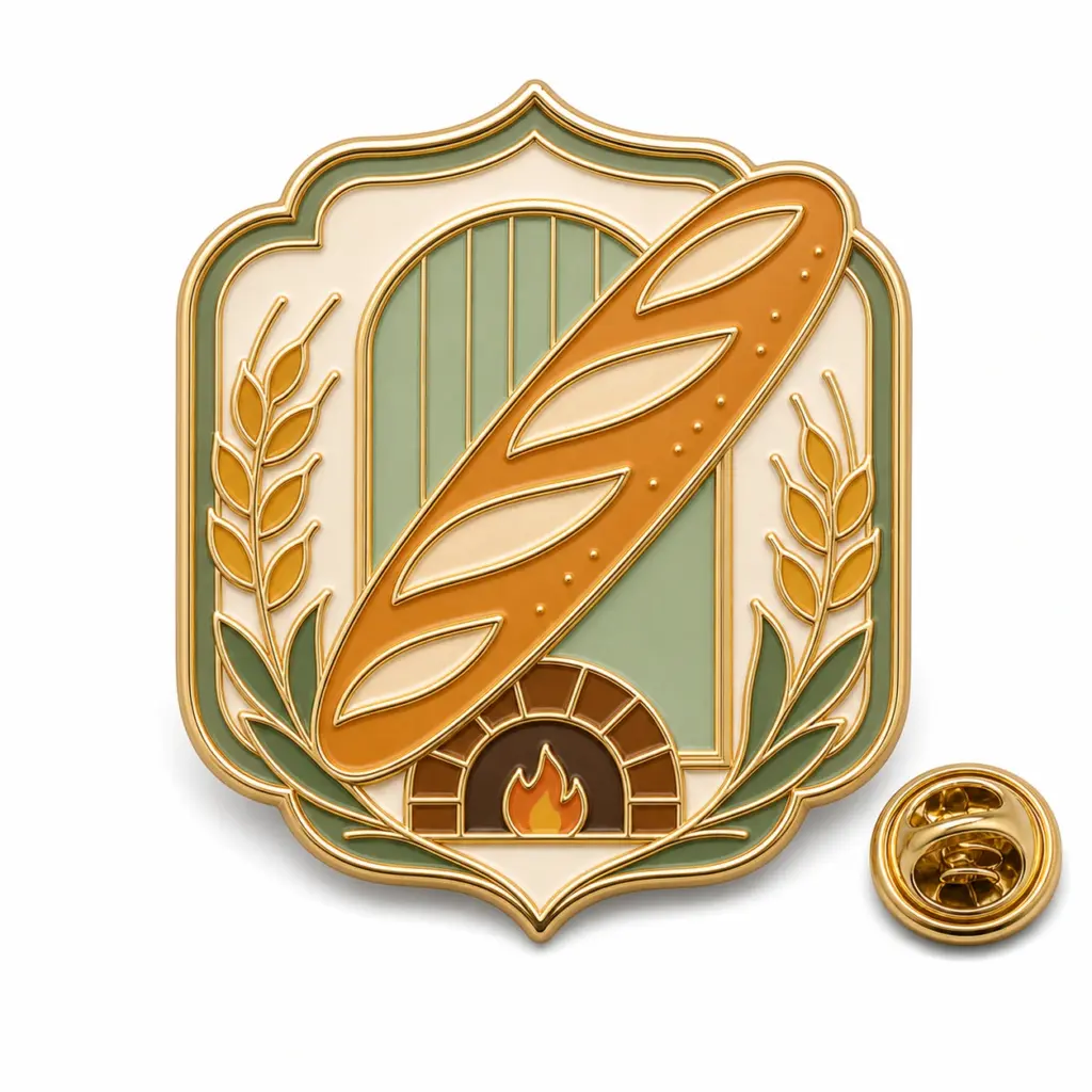 Badge baguette de boulangerie personnalisé, épingle en émail souple avec pochette papillon sur fond blanc.