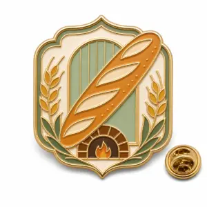 Custom baguette bakery badge soft enamel pin with butterfly clutch on white background.