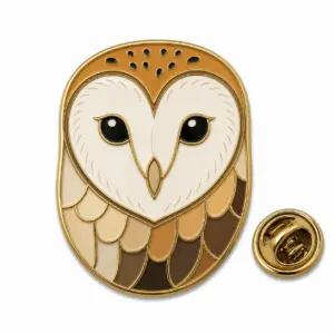 Custom barn owl face soft enamel pin with butterfly clutch on clean white background.