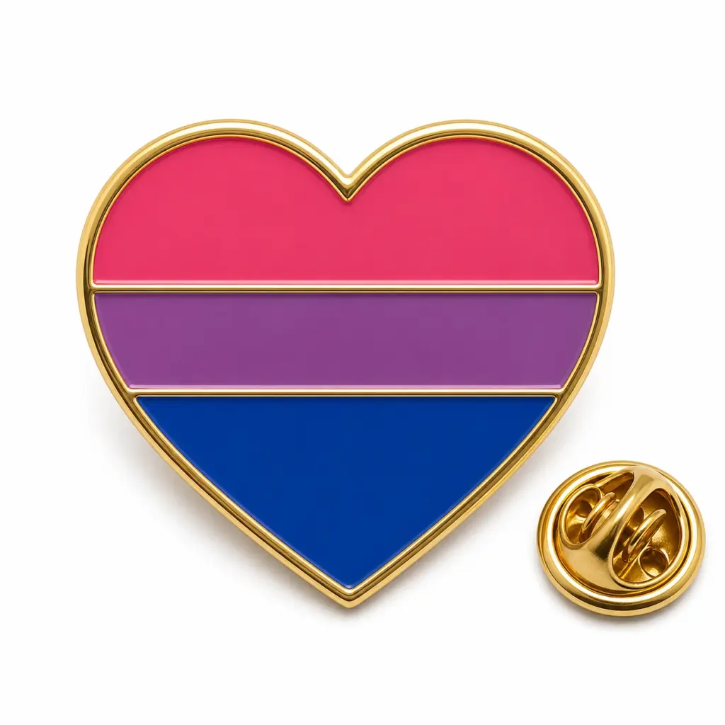 Custom bisexual pride heart soft enamel pin with butterfly clutch on clean white background.