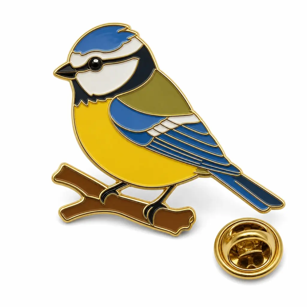 Épingle personnalisée en émail souple, branche de mésange bleue, avec pochette de papillon sur fond blanc.