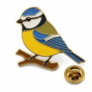 Custom blue tit branch soft enamel pin with butterfly clutch on clean white background.