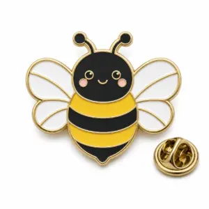Custom striped bumblebee soft enamel pin with butterfly clutch on clean white background.