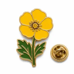 Custom single buttercup flower soft enamel pin with butterfly clutch on white background.