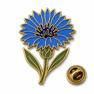 Custom blue cornflower stem soft enamel pin with butterfly clutch on clean white background.