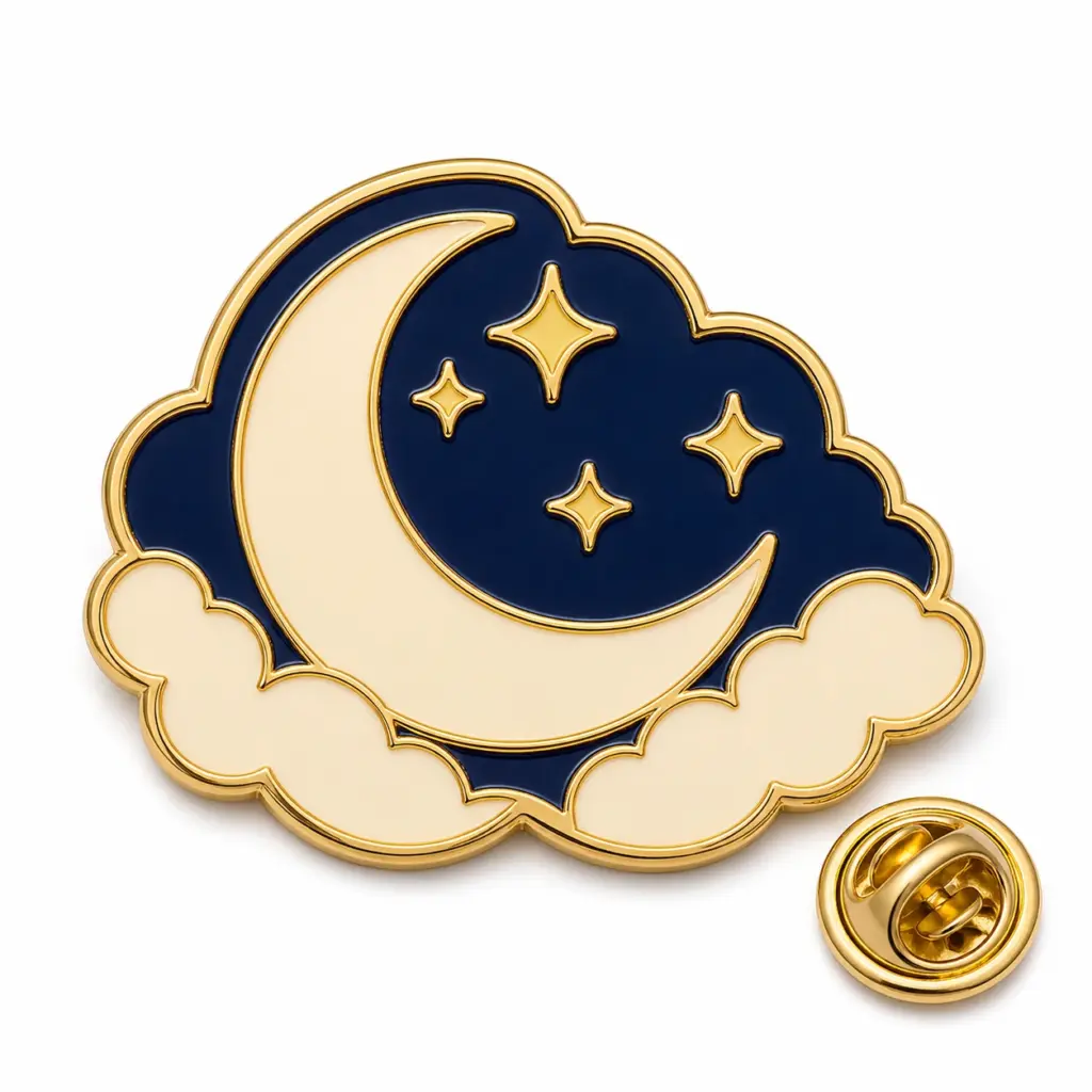 Custom crescent moon cloud star soft enamel pin with butterfly clutch on white background.