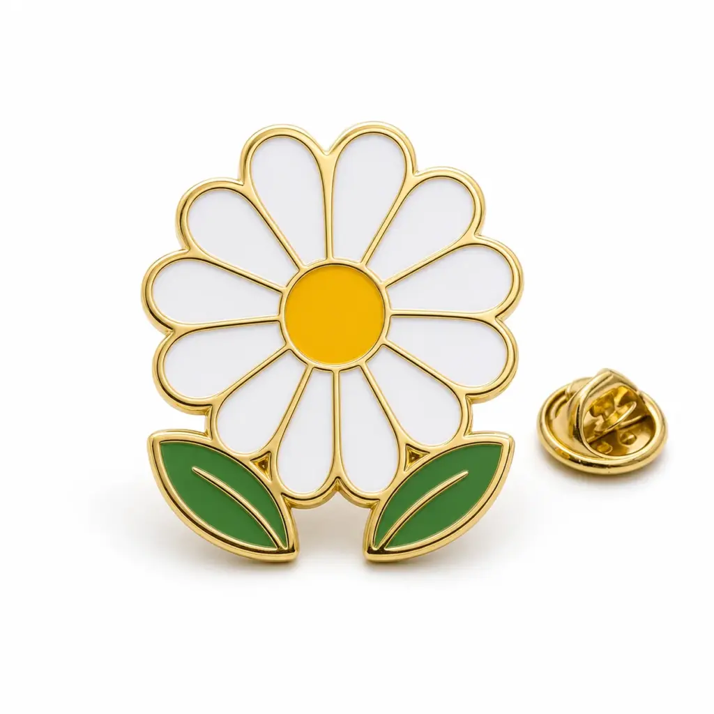 Vue de face d'un pin's en émail souple représentant une marguerite classique avec des pétales blancs, un centre jaune, des feuilles vertes, des séparateurs en métal doré et une pochette de papillon sur fond blanc.