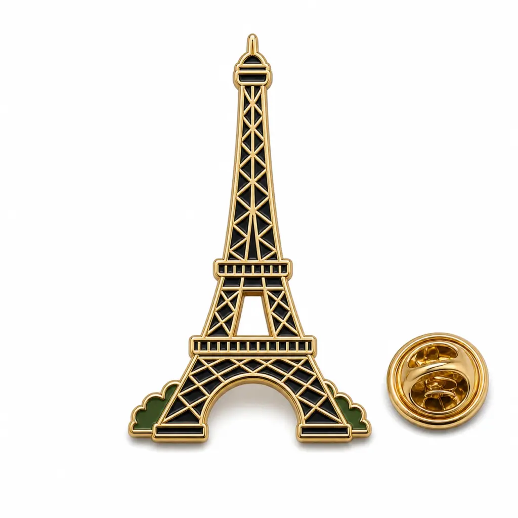Épingle en émail souple classique Tour Eiffel personnalisée avec pochette papillon sur fond blanc.