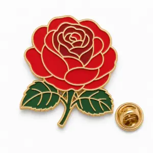 Custom classic English rose soft enamel pin with butterfly clutch on clean white background.