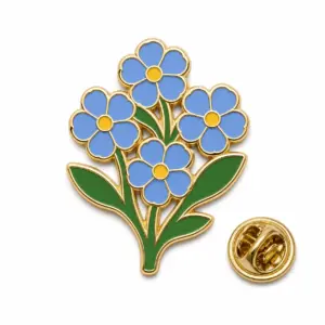 Custom forget me not flower cluster soft enamel pin with butterfly clutch on white background.