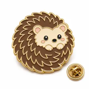 Custom curled hedgehog soft enamel pin with butterfly clutch on clean white background.