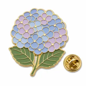 Custom hydrangea flower cluster soft enamel pin with butterfly clutch on white background.