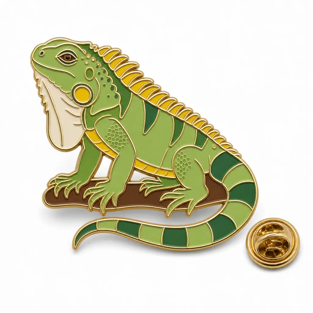 Épingle personnalisée en émail doux représentant un iguane debout avec une pochette de papillon sur fond blanc.