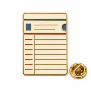 Custom library card soft enamel pin shaped like a vintage checkout card with butterfly clutch on white background.