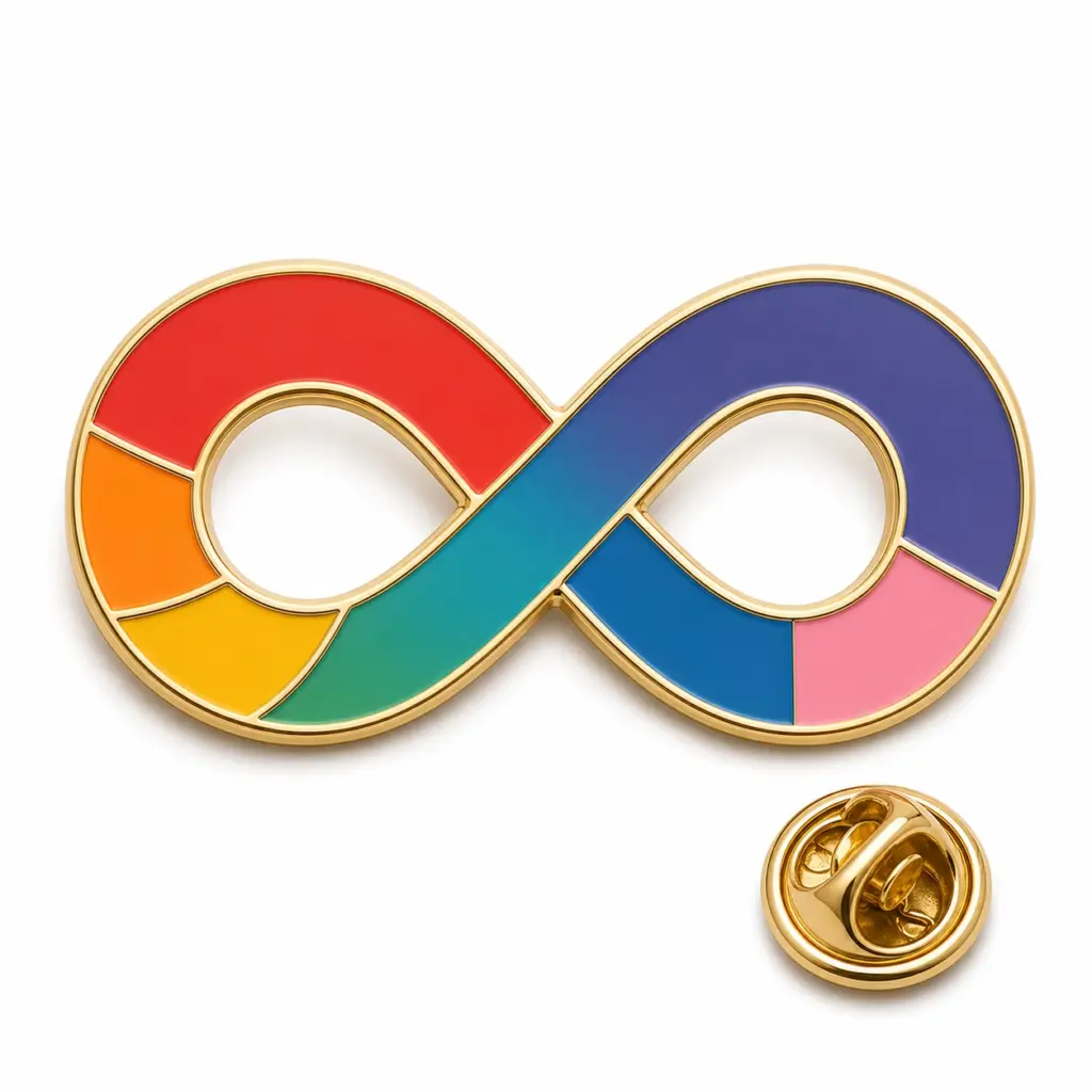 Custom neurodivergent infinity soft enamel pin with butterfly clutch on white background.