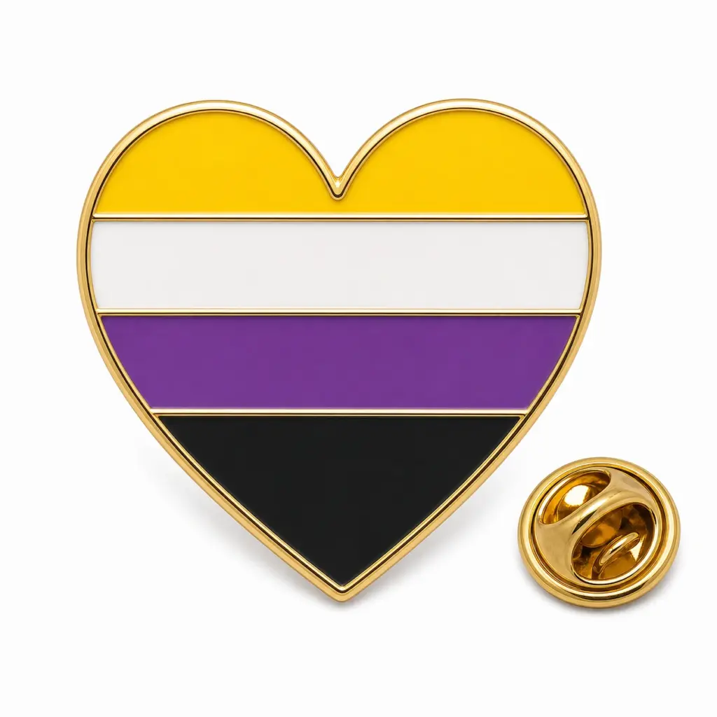 Custom non binary pride heart soft enamel pin with butterfly clutch on clean white background.