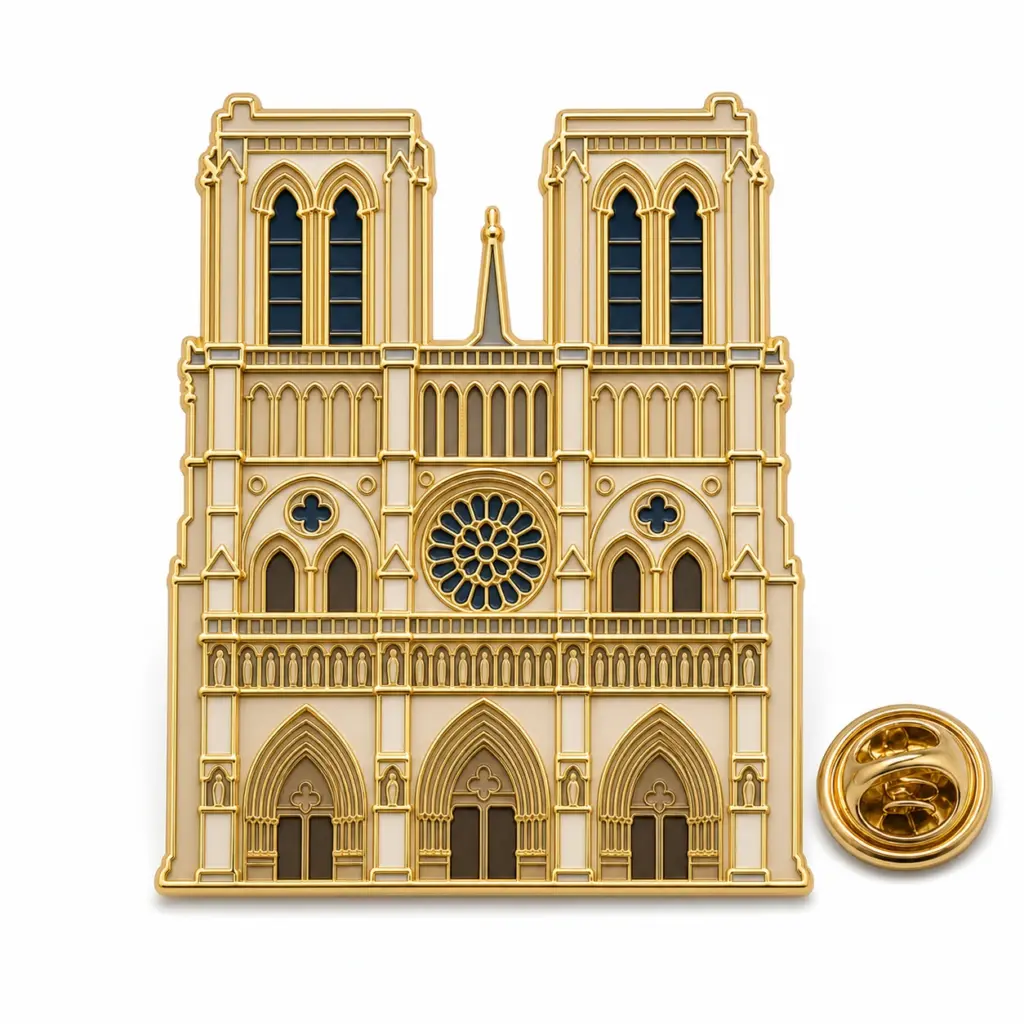 Épingle personnalisée en émail souple de la cathédrale Notre-Dame avec pochette de papillon sur fond blanc.