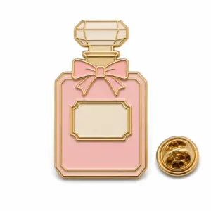 Custom classic perfume bottle soft enamel pin with butterfly clutch on clean white background.