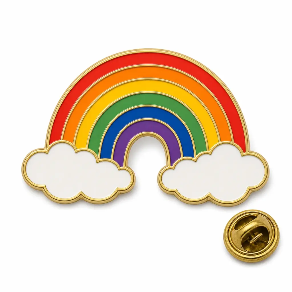 Custom rainbow pride arch soft enamel pin with butterfly clutch on clean white background.