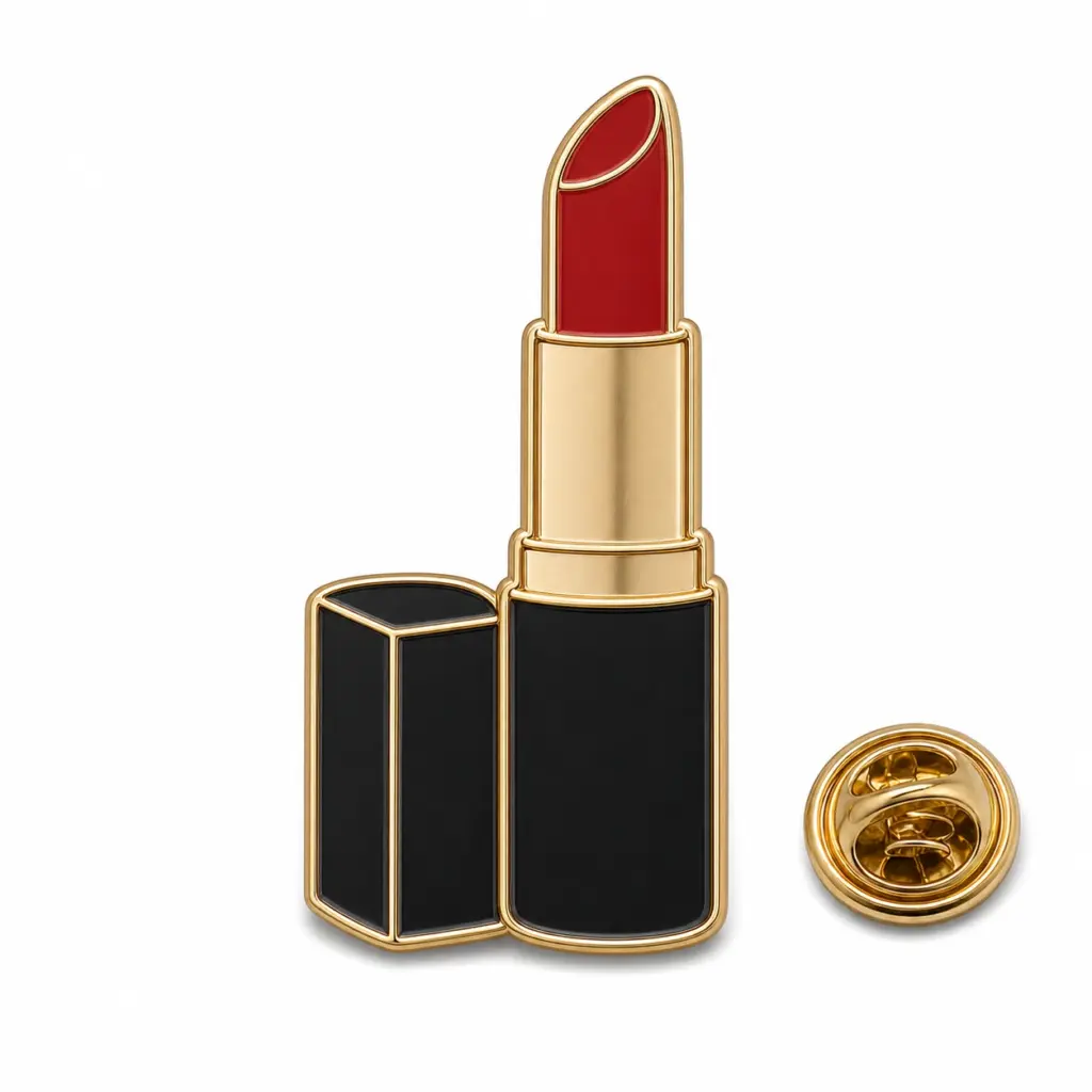 Epingle personnalisée en émail souple avec rouge à lèvres rouge et pochette de papillon sur fond blanc.
