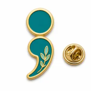Custom teal semicolon soft enamel awareness pin with butterfly clutch on white background.
