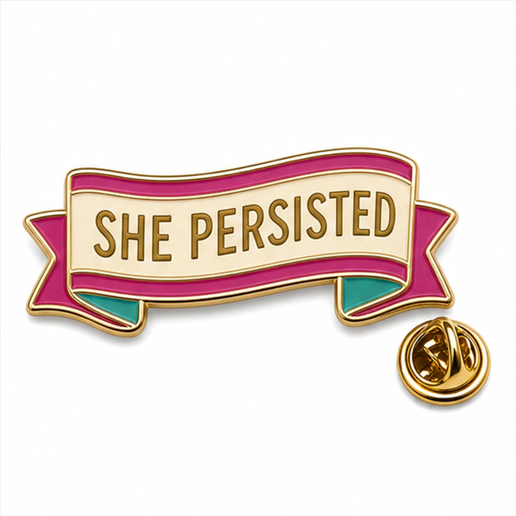 Bannière personnalisée She Persisted épingle en émail doux avec pochette de papillon sur fond blanc propre.