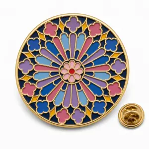 Custom stained glass rose window soft enamel pin with butterfly clutch on clean white background.