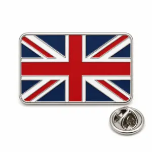 Custom Union Jack rounded flag soft enamel pin with butterfly clutch on white background.