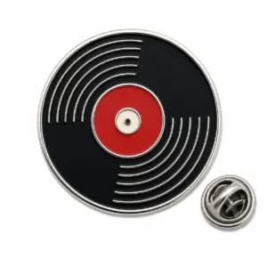Custom classic vinyl record soft enamel pin with butterfly clutch on clean white background.