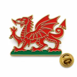 Custom Welsh dragon soft enamel pin with butterfly clutch on clean white background.
