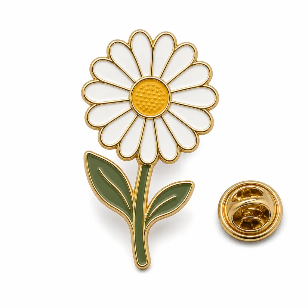 Épingle personnalisée en émail souple avec une marguerite blanche et une pochette de papillon sur fond blanc.