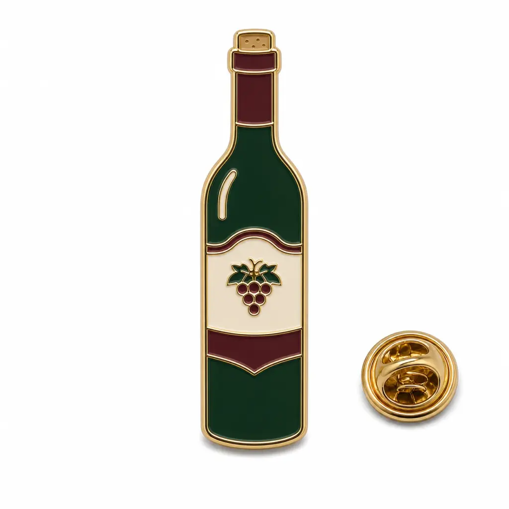 Épingle personnalisée en émail mou pour bouteille de vin classique avec pochette de papillon sur fond blanc.