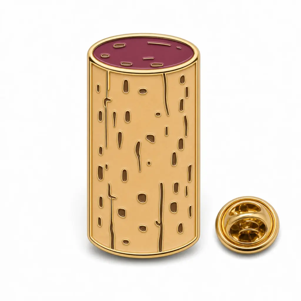 Épingle personnalisée en émail souple avec un bouchon de vin classique et une pochette de papillon sur fond blanc.