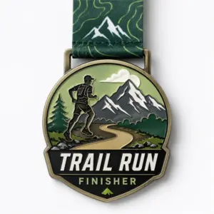 Backpack runner mountain Trail Run Finisher Medal soft enamel medal with raised antique gold outlines, runner silhouette, winding trail, pine tree, snowy mountains, green enamel sky, black finisher banner, ribbon loop, and printed mountain neck ribbon on a white background.