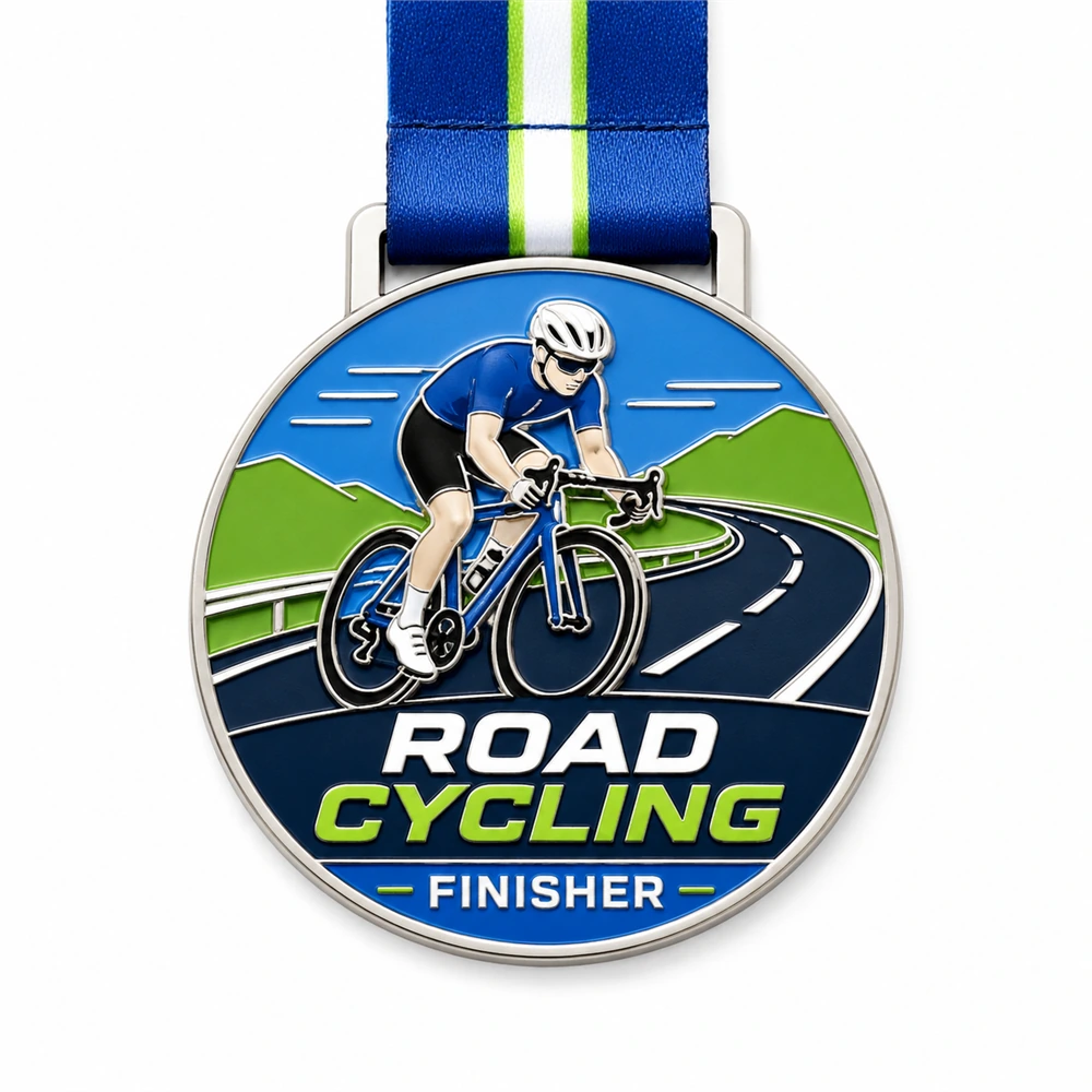 Blue jersey hill Road Cycling Race Medal soft enamel medal with raised silver rim, road cyclist in blue kit, winding asphalt road, green hills, blue sky, bold road cycling finisher text, and striped neck ribbon on a white background.