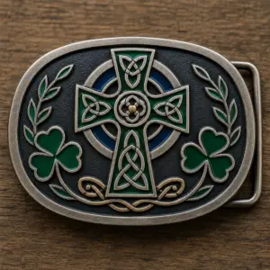 Celtic cross shamrock belt buckle with green enamel cross, trinity knot details, shamrock leaves, antique silver metal outline, dark textured background, and wood tabletop setting.