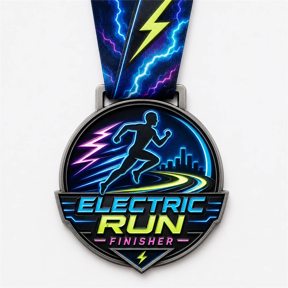 City lightning finisher Electric Run Medal soft enamel medal with raised dark metal outlines, neon blue runner silhouette, lime lightning bolt, city skyline, glowing track path, ribbon loop, and lightning neck ribbon on a white background.