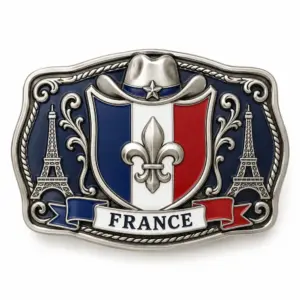 Custom France flag belt buckle with Eiffel Tower accents, French tricolor shield, fleur de lis emblem, cowboy hat detail, ribbon banners, dark blue enamel, and antique silver metal border.