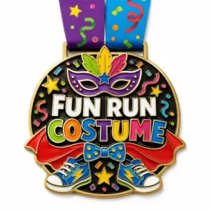 Custom fun run costume medal with purple masquerade mask, red cape, colorful costume lettering, blue running shoes, confetti details, gold metal border, and dual ribbon loops.