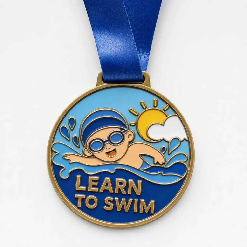 Gold pool scene Learn To Swim Medal soft enamel medal with raised gold outlines, swimmer, sun, cloud, water splashes, and blue ribbon on white.