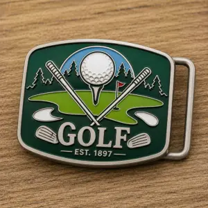 Golf belt buckle with crossed golf clubs, golf ball, putting green, flag, pine trees, silver metal outline, dark green enamel, and raised Golf lettering on a wood tabletop background.