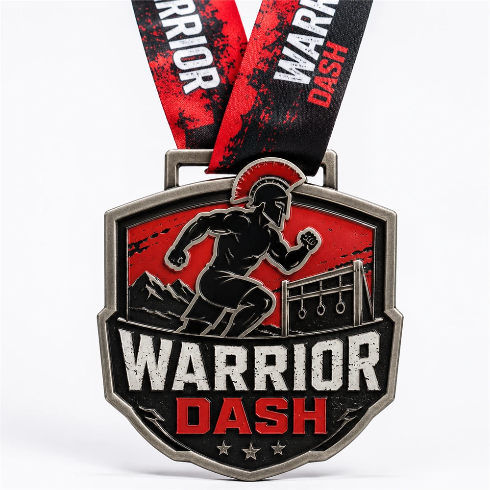 Helmet runner obstacle Warrior Dash Medal soft enamel medal with raised antique silver outlines, red and black enamel, helmeted runner, mountain scene, obstacle frame, ribbon loop, and printed neck ribbon on a white background.