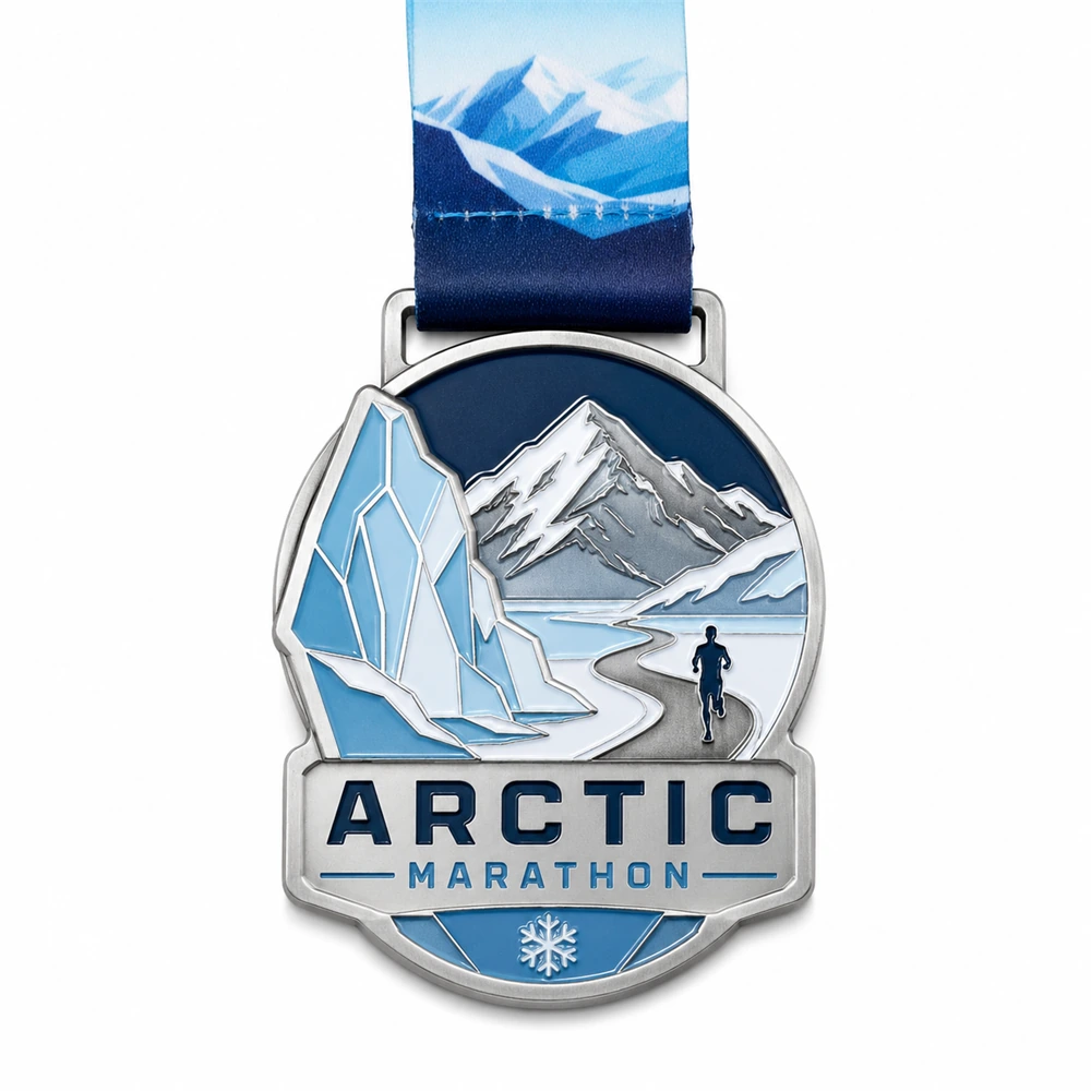 Iceberg trail runner Arctic Marathon Medal soft enamel medal with raised silver outlines, blue iceberg, snowy mountain range, winding frozen trail, runner silhouette, ribbon loop, and mountain neck ribbon on a white background.
