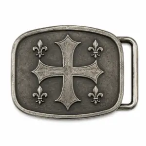 Medieval cross fleur de lis belt buckle with raised antique silver cross, four fleur de lis symbols, dark textured metal background, rounded rectangular shape, and aged metal finish.