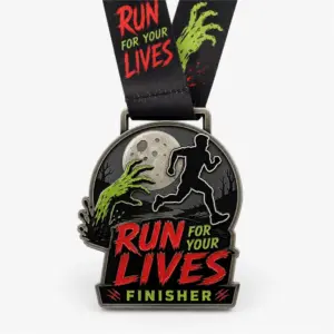 Moon zombie hand Run For Your Lives Medal soft enamel medal with raised antique silver outlines, black runner silhouette, green zombie hand, gray moon, red lettering, ribbon loop, and printed neck ribbon on a white background.