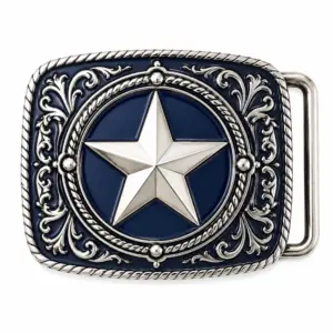 Navy Lone Star belt buckle with raised silver five-point star, dark blue enamel center, rope border, western scrollwork, polished silver metal outline, and rectangular buckle shape.