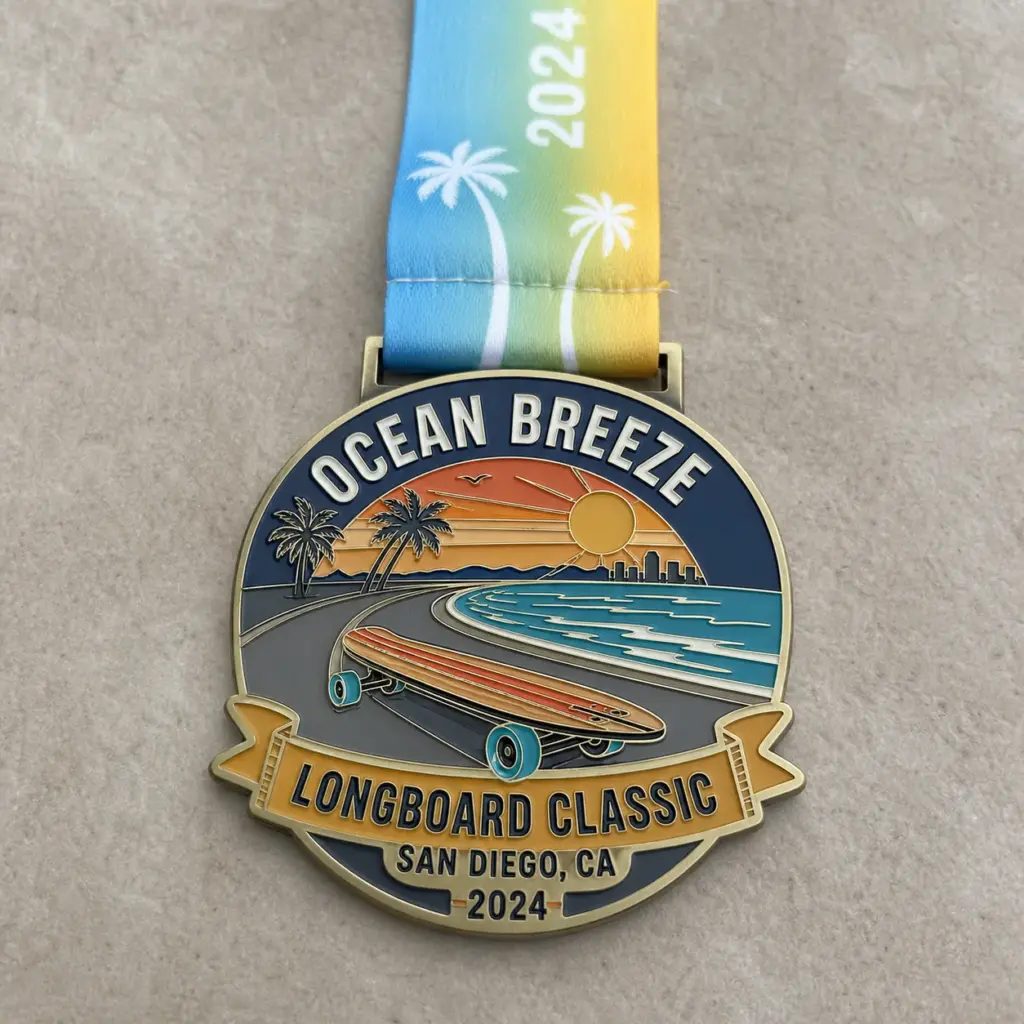 Ocean Breeze Longboard Classic Medal soft enamel medal with raised metal outlines, beach road, ocean waves, longboard artwork, palm trees, sunset, and ribbon.