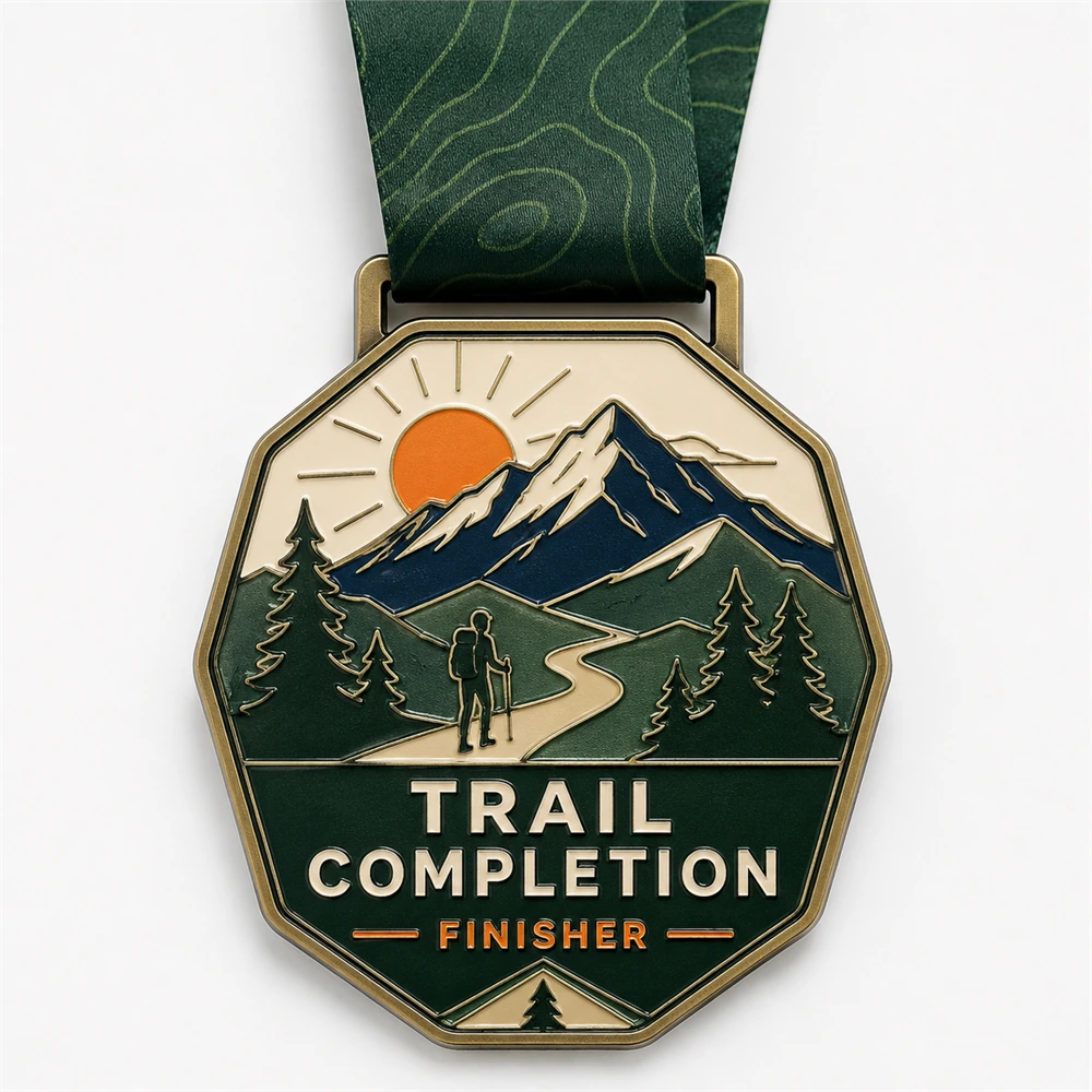 Octagon mountain Trail Completion Medal soft enamel medal with raised antique gold outlines, hiker silhouette, winding trail, pine forest, orange sunrise, snowy mountain peaks, green enamel ribbon, and bold finisher text on a white background.