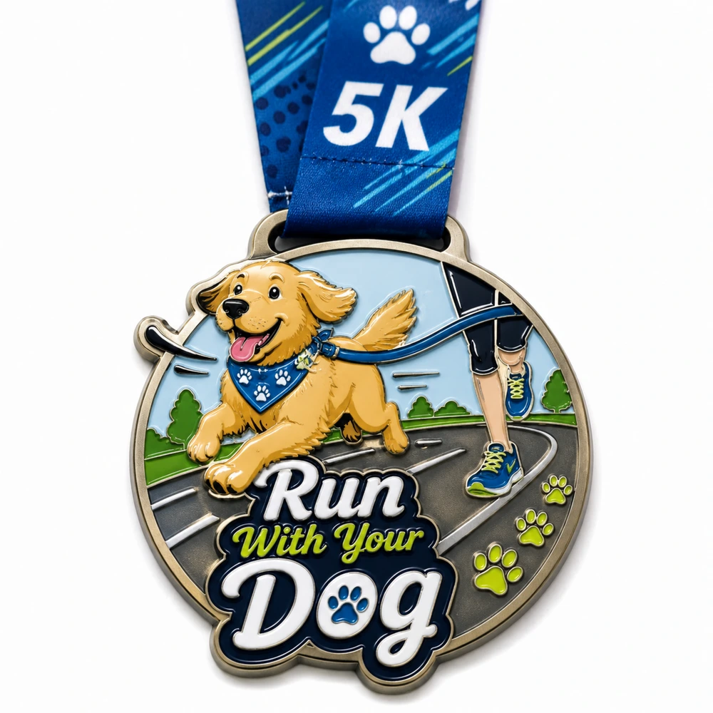 Park route Run With Your Dog Medal soft enamel medal with raised metal dividers, runner and dog silhouettes, leash route, paw panels, trees, top ring, neck ribbon, and white background.