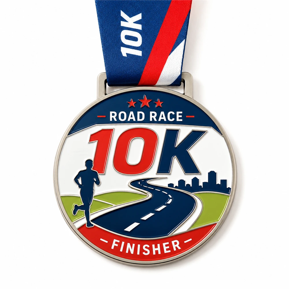 Red white city Road Race 10K Medal soft enamel medal with raised silver outlines, runner silhouette, curved road, skyline, finisher text, ribbon loop, and blue 10K neck ribbon on a white background.